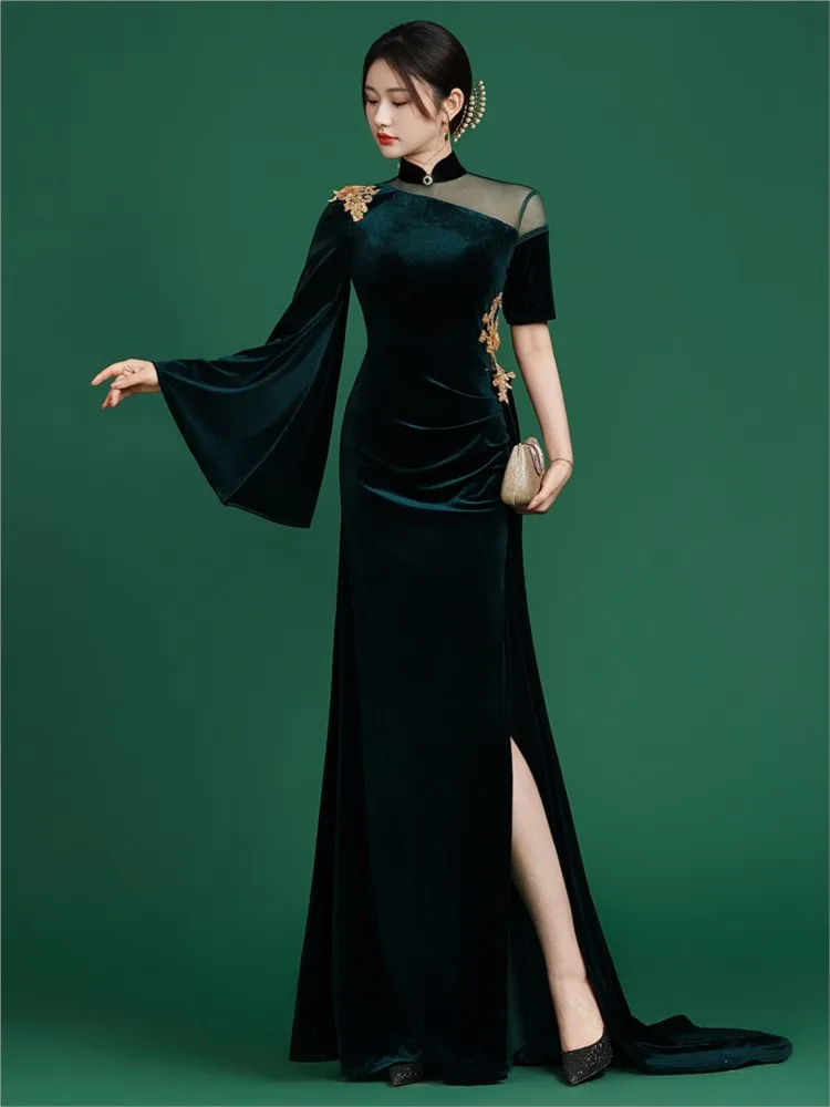 Dark green velvet cheongsam women's fashion show grand performance dress long Chinese-style formal