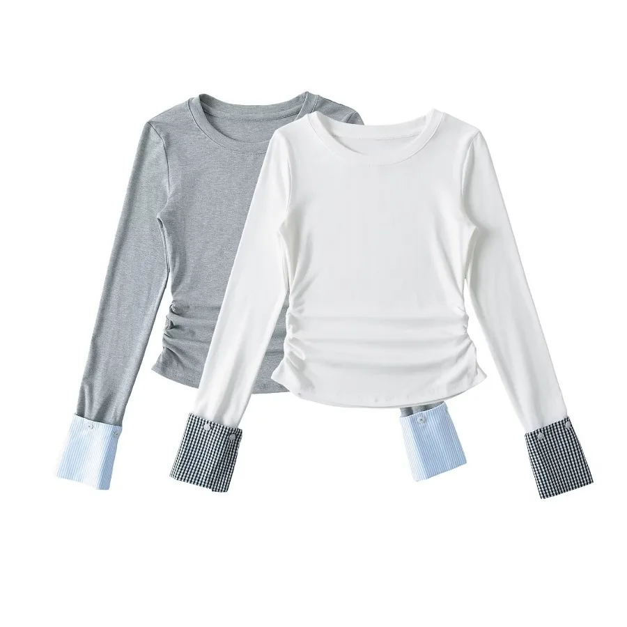 

Autumn Pleated Plaid Splicing Long Sleeved Women's T-shirt New Round Neck Slim Fit Tee Tops Female 2025 New