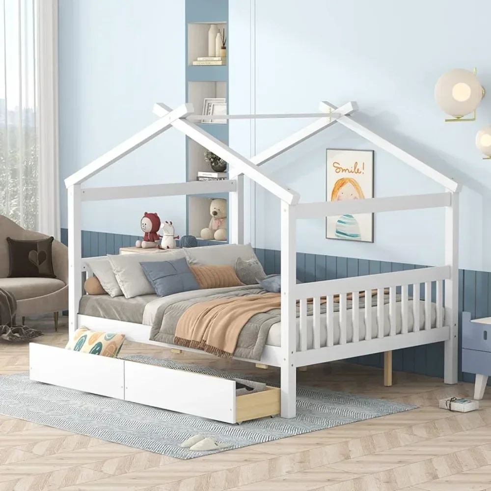 Merax Full Size Wooden House Bed with Two Drawers, Wood Bed Frame with Roof for Kids, Teens, Boys or Girls, White