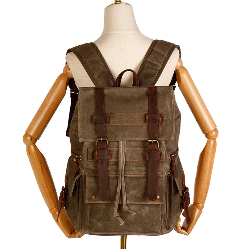High Quality Waterproof Waxed Canvas + Genuine Leather Backpack Men Hiking Bagpack Large Canvas Travel Backpack male Daypack image 6