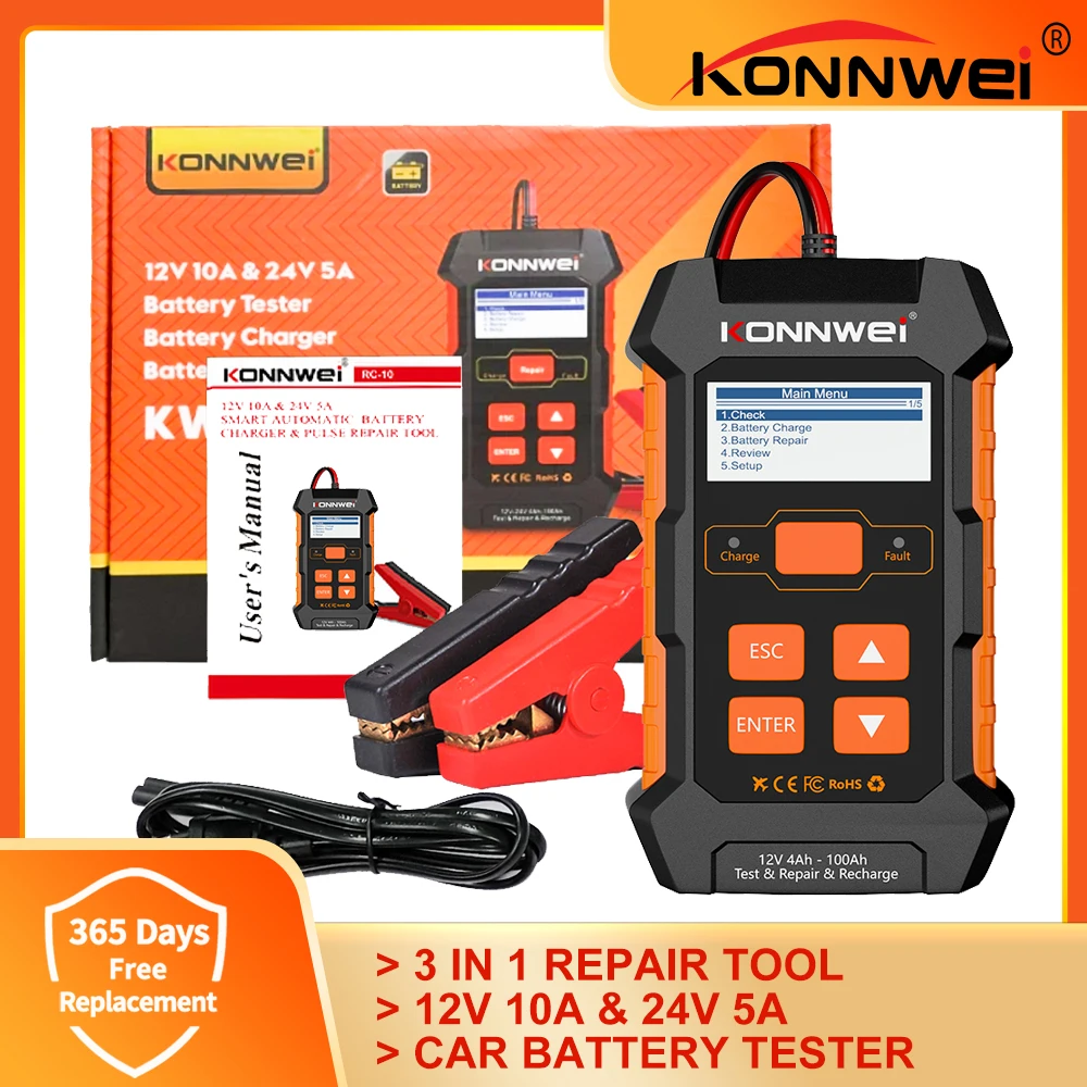 KONNWEI KW520 Car Battery Tester Charger Automatic 12V 10A Lead Acid Car Battery Pulse Repair Tool AGM Gel Lithium LCD Screen