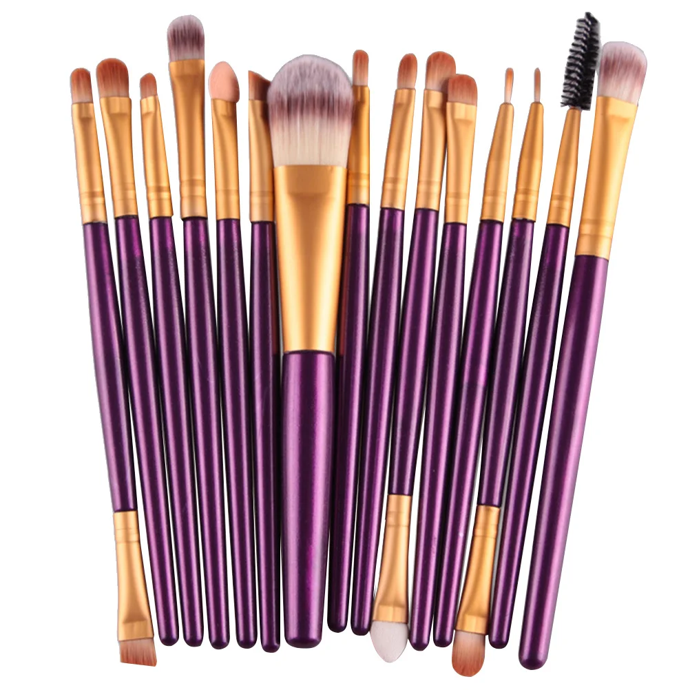 Set di pennelli per trucco professionale da 15 pezzi Setole in nylon morbido Manico in plastica Aspetto naturale per trucco per donna Viola dorato