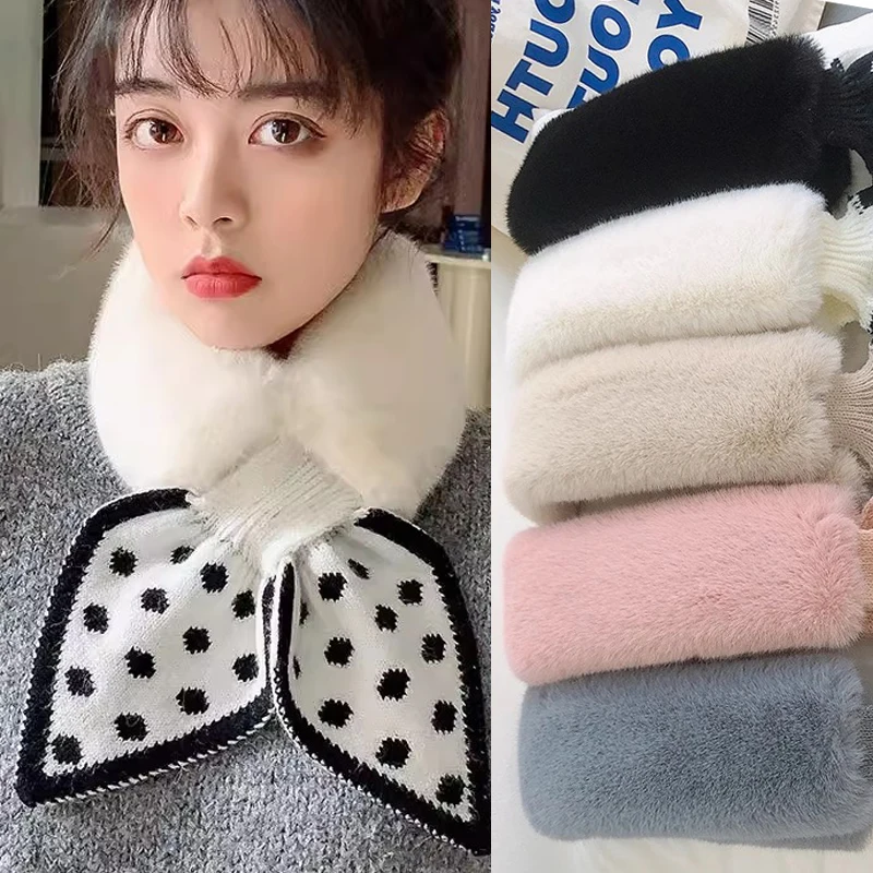 

Faux Fur Scarf for Women Scarves Wool Stitching Faux Rabbit Fur Cross Plush Snood Collar Cute Girl Scarfs for Ladies Keep Warm