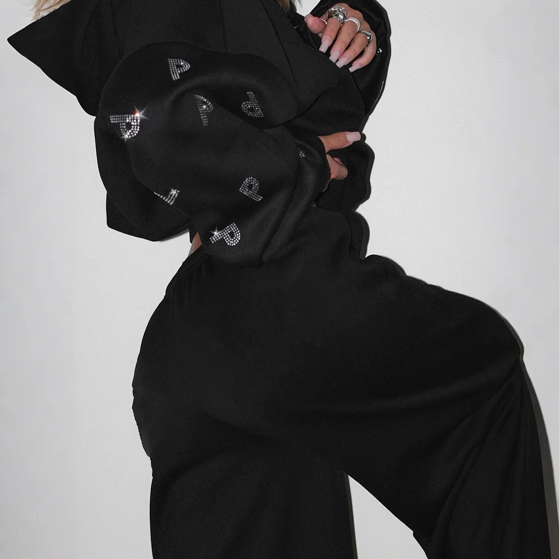 

Loose Casual 2 Piece Set Women Fashion Diamonds Letters Long Sleeve Zip-up Hooded Sweatshirts Top + Straight Pants Tracksuits