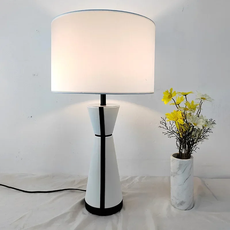SANDYHA Nordic Ceramic Table Lamp Fabric Art Lampshade LED Light for Living Room Bedroom Study Sofa Bedside Table Decor Lighting