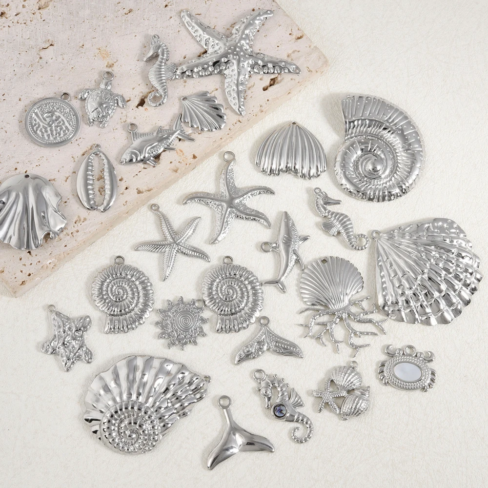 7Pcs No Fade Sea Animal Shark Conch Shell Pendant Jewelry Ocean Mermaid Tail Starfish Tortoise Fish Crab Pendentif Acier Inoxyda