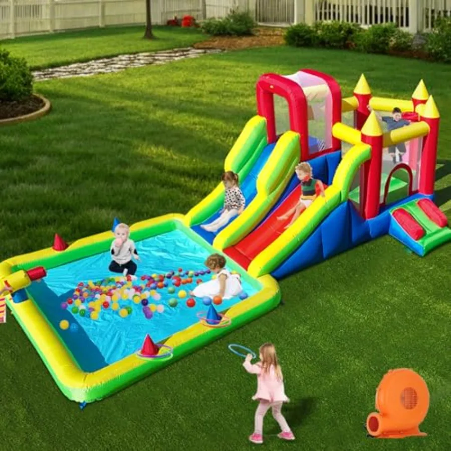 

10-in-1 Inflatable Water Park Giant Bounce House with 2 Water Slides Big Splash Pool Water Cannons Climbing Wall Tunnels Obstac