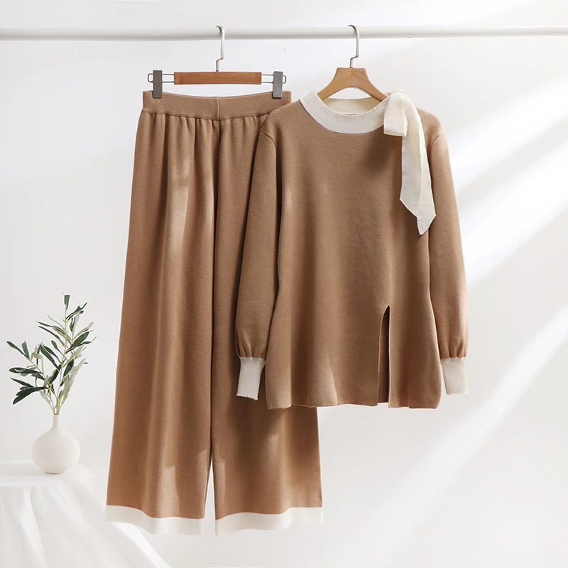 Elegant 2 Piece Winter Women Knitted Suit Casual Bandage Slit Sweater Pants Matching Sets Sexy Knit Two Piece Set For Women 2024