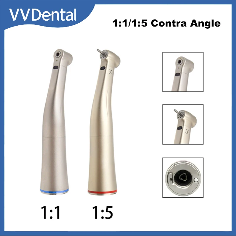 Dental 1:1/1:5 Fiber Optic Contra Angle Stainless Steel Low Speed Handpiece Internal Water Spray Fit E-type Electric Micromotor