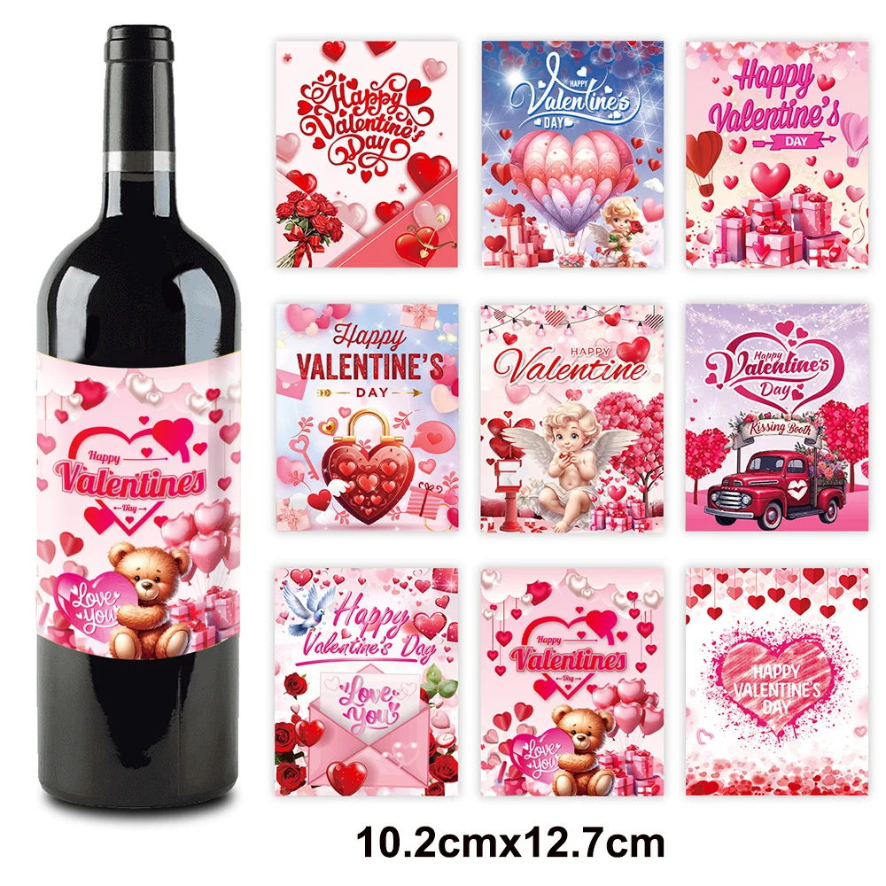 6/9/10/12 Stuks Valentijnsdag Wijnfles Stickers Rood Roze Liefde Hart Rose Patroon bruiloft Valentijnsdag Decor Supplies