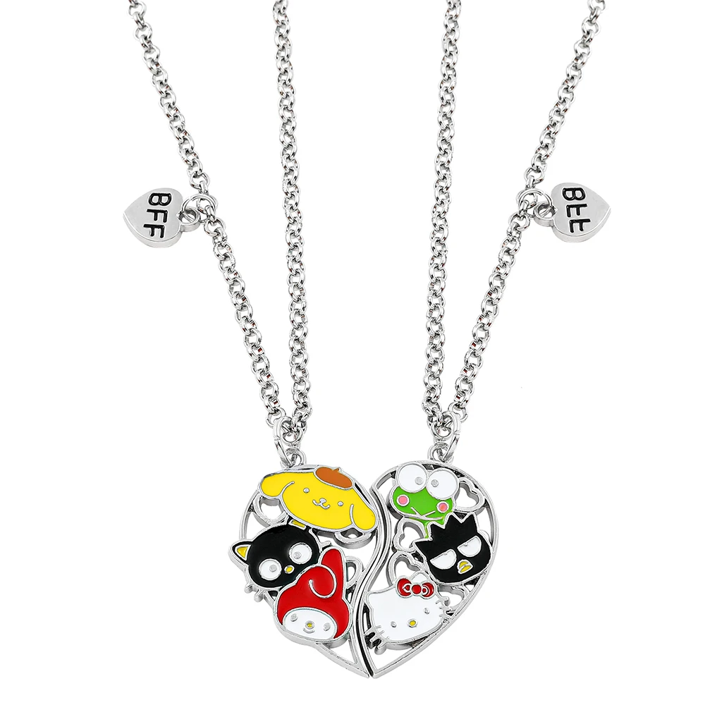 2pcs Hello Kitty BFF Necklace Anime Accessories Kawaii Sanrio Family Pendant Cartoon Heart Pendant Best Friend Jewelry Set