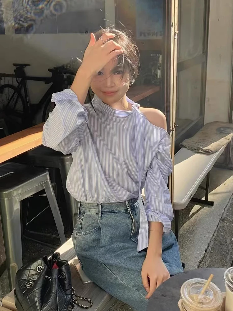 Chic Frühling Herbst Design Stehkragen aushöhlen oulder Krawatte Lose Beiläufige Lange Sve Vertikale Streifen frauen irt