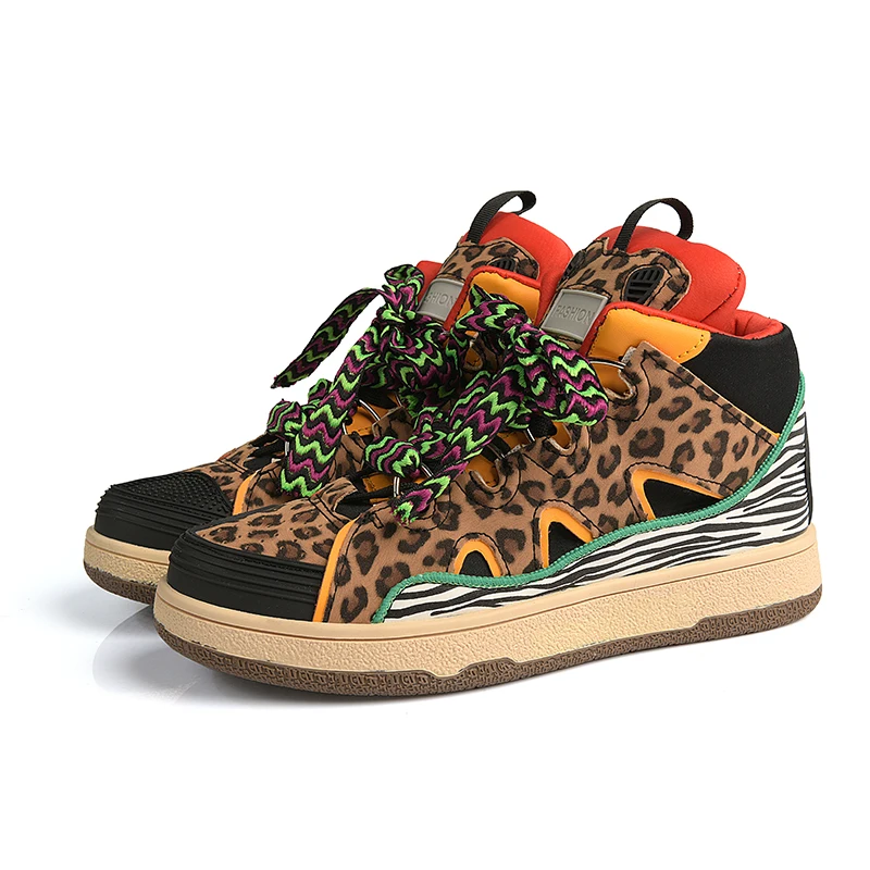 

Trendy Leopard & Zebra Print High-Top Sneakers with Colorful Wavy Laces, Stylish Streetwear Casual Shoes for Men/Women,