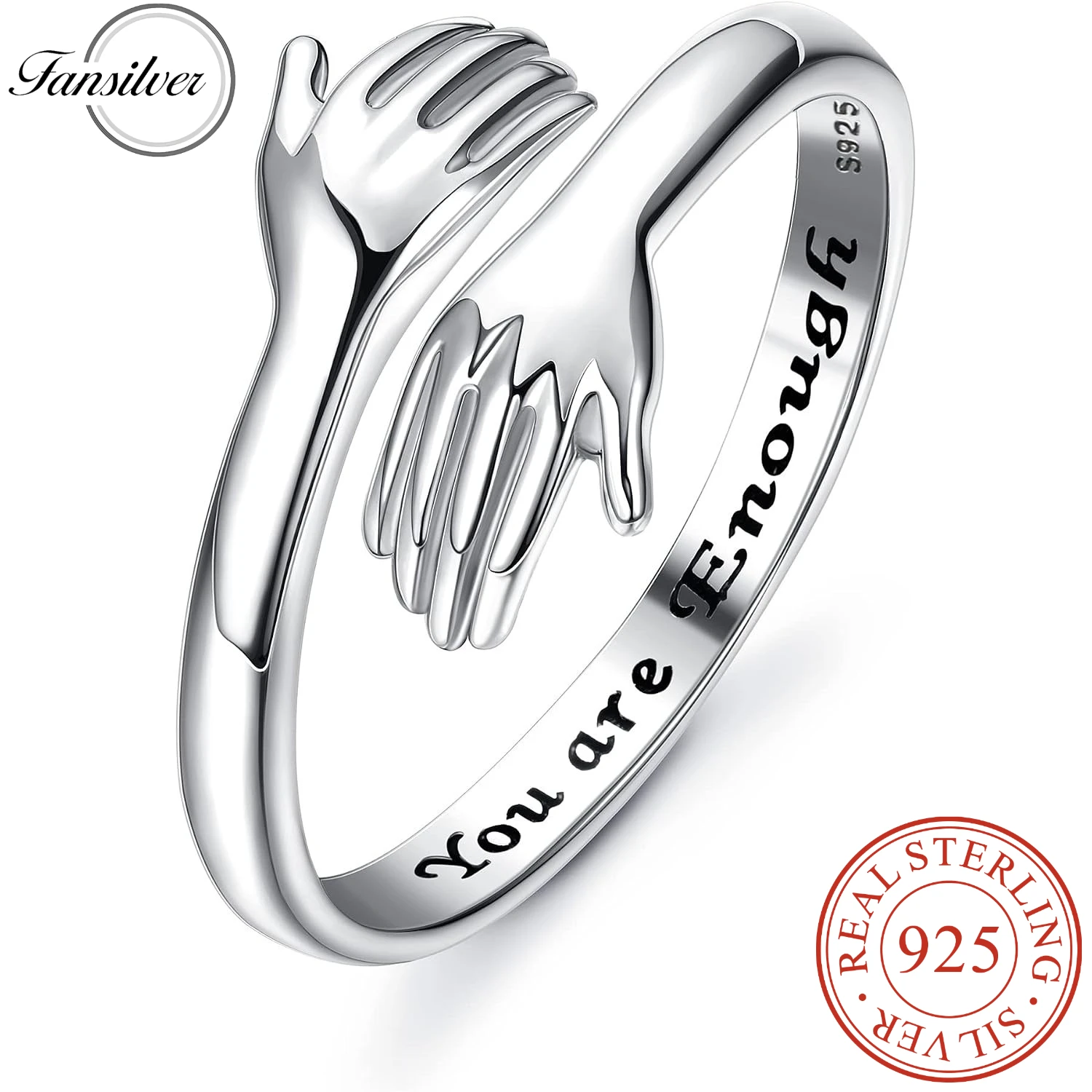 Fansilver 925 Sterling Silver Hug Ring Adjustable Hope Love Heaven Promise Friendship Rings Birthday Gifts for Mom Wife Sister