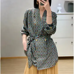 Commute Geometric Printed Jackets Women's Clothing Patchwork Spring Autumn Tailored Collar Chic Double Breasted Drawstring Coats