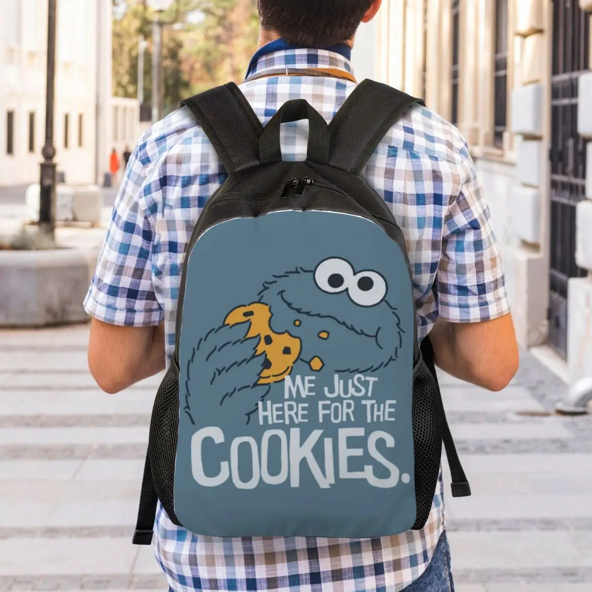 Zaini personalizzati con stampa 3D Cookie Monster Cartoon Sesame Street College School borse da viaggio Bookbag adatto a Laptop da 15 pollici