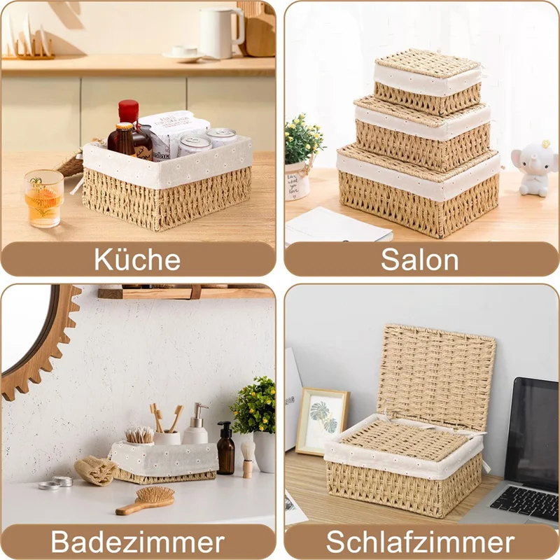 

ALIM-Storage Basket, Pack Of 3 Storage Basket With Lid, Woven Basket Made Of Paper Rope, Boho Decor Baskets With Lining