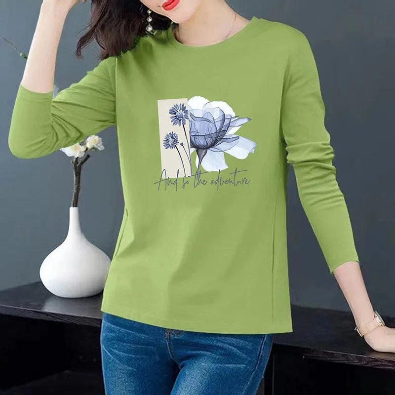 

Fashion O-Neck All-match Printed T-Shirts Women's Clothing Autumn New Loose Commuter Tops Long Sleeve Casual Tee Shirt
