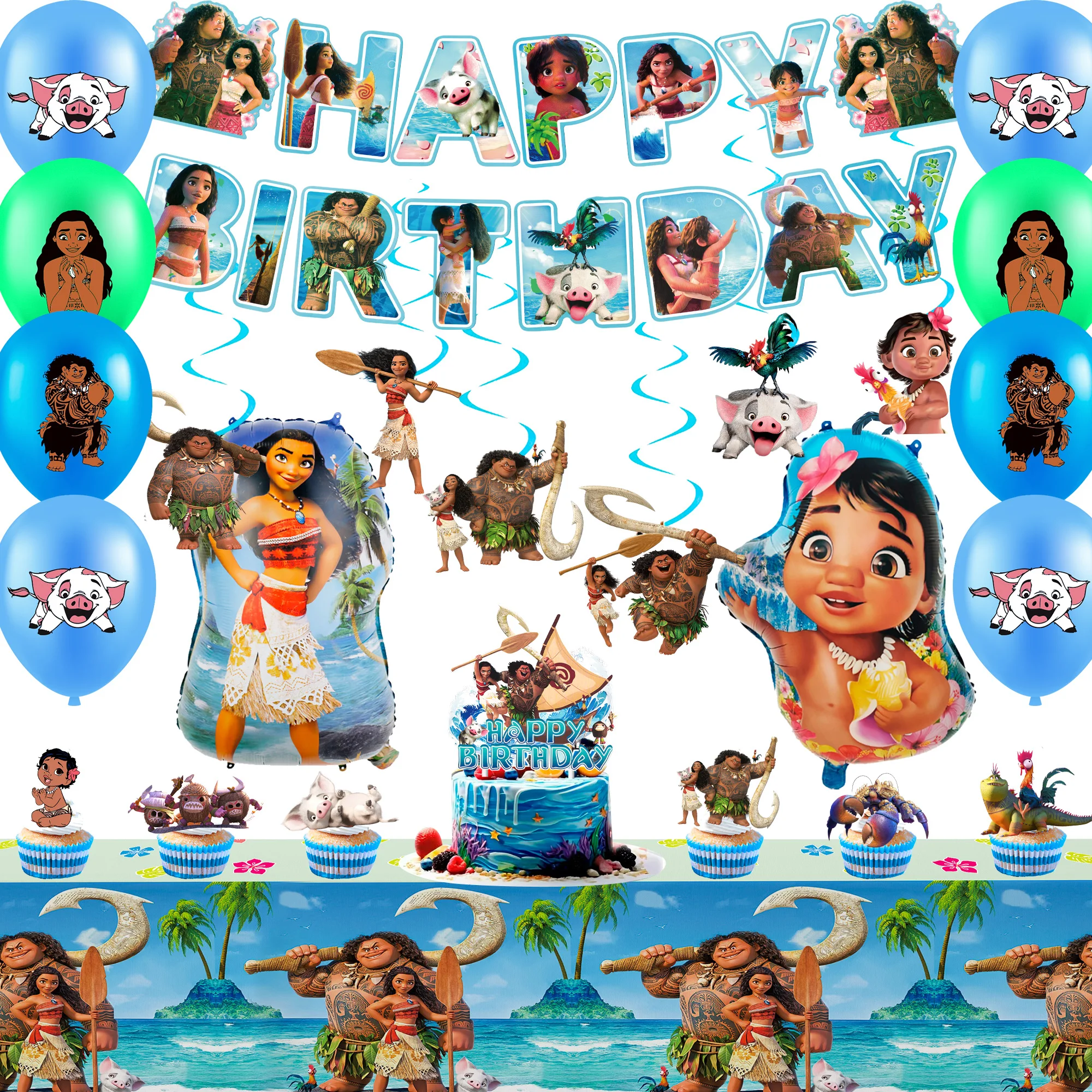 Fournitures de fête d'anniversaire Disne Moana, 35 pièces décorations de fête Moana-ballons Moana bannière nappe etc. Fournitures d'anniversaire Moana