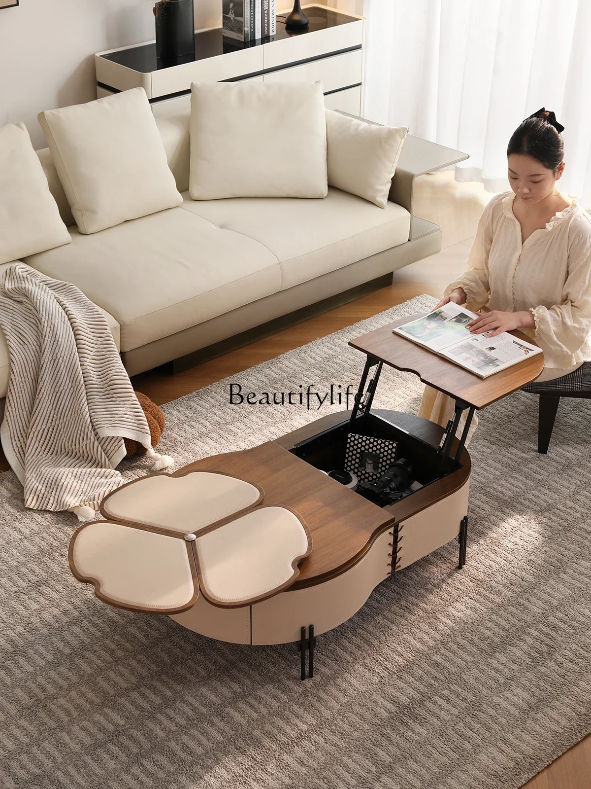 

yj5 Saddle Leather Living Room 2025 New Model Adjustable Coffee Table Vintage Style Multifunctional Small Coffee Table