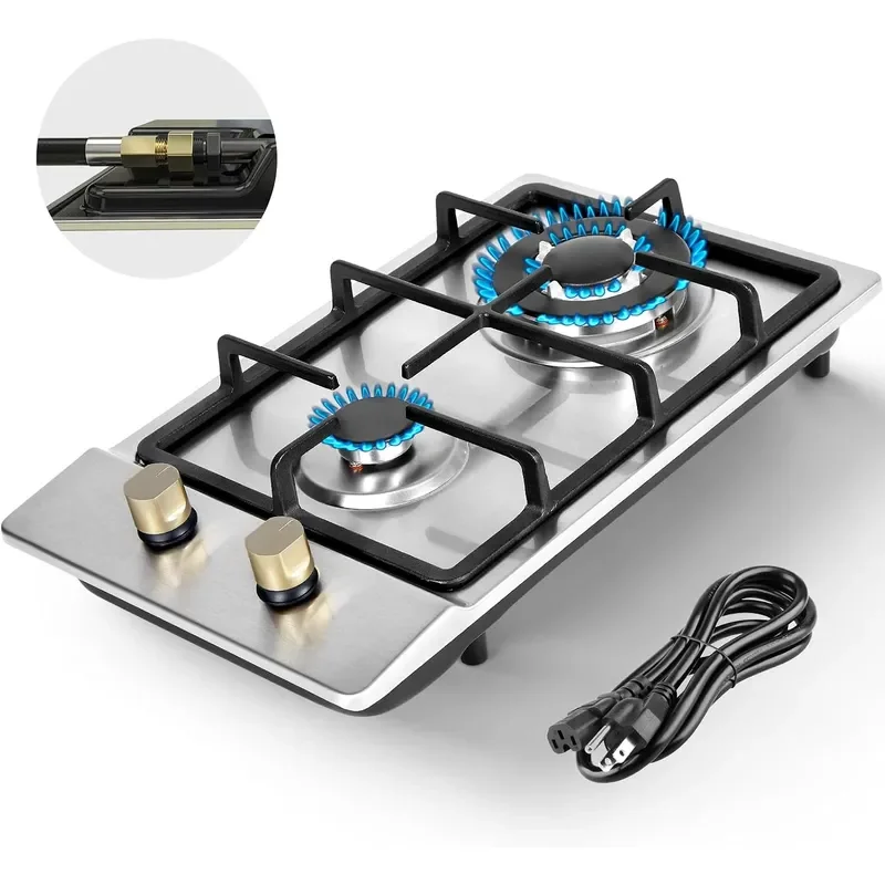 Gas Stove 12 Inch Propane Cooktop 2 Burner Portable Gas Cooktop Stainless Steel Dual Fuel LPG NG Convertible with