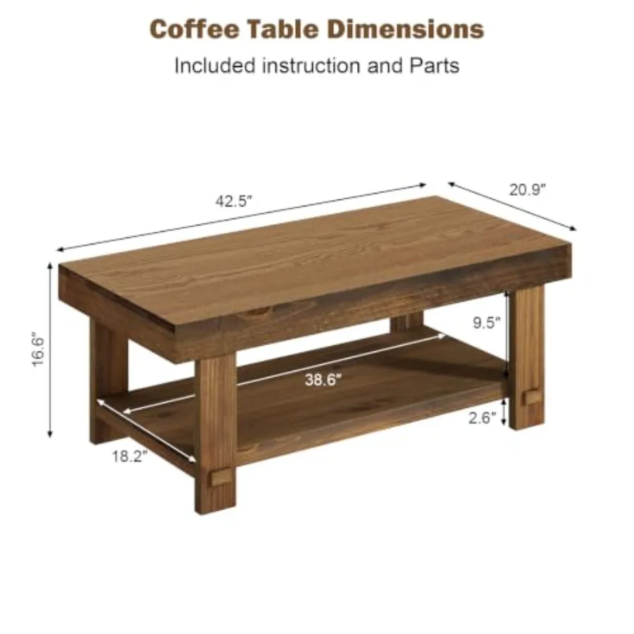 Farmhouse solid wood coffee table for living room, natural wood color, rustic charm and durable craftsmanship