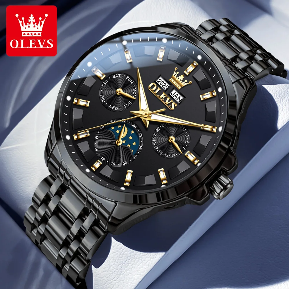 Olevs 7070 relógio automático masculino fase da lua à prova dwaterproof água relógios masculinos de aço inoxidável relógio mecânico de luxo para homem