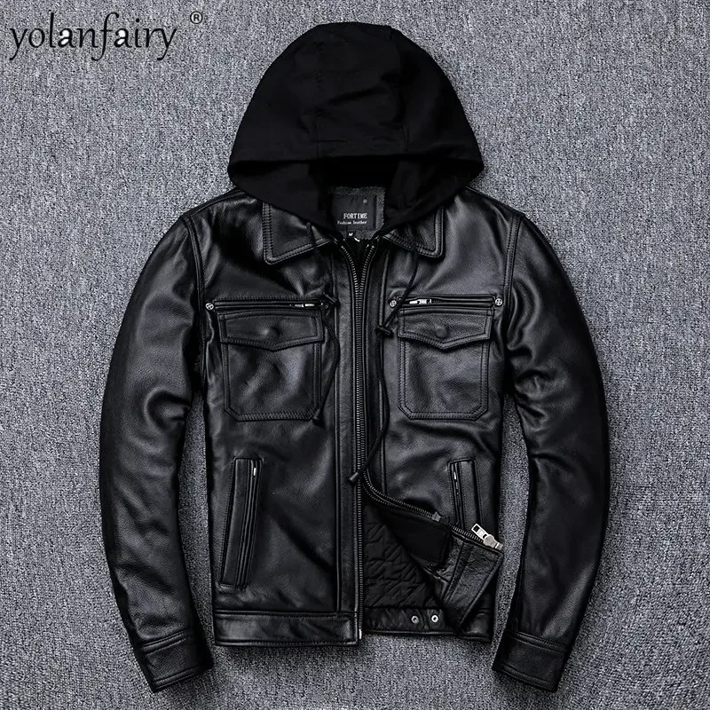 YOLANFAIRY Pure Cowhide Leather Jacket Men Slim Lapel Detachable Hood Motorcycle Jackets Man Coat Thick Winter Autumn Clothes