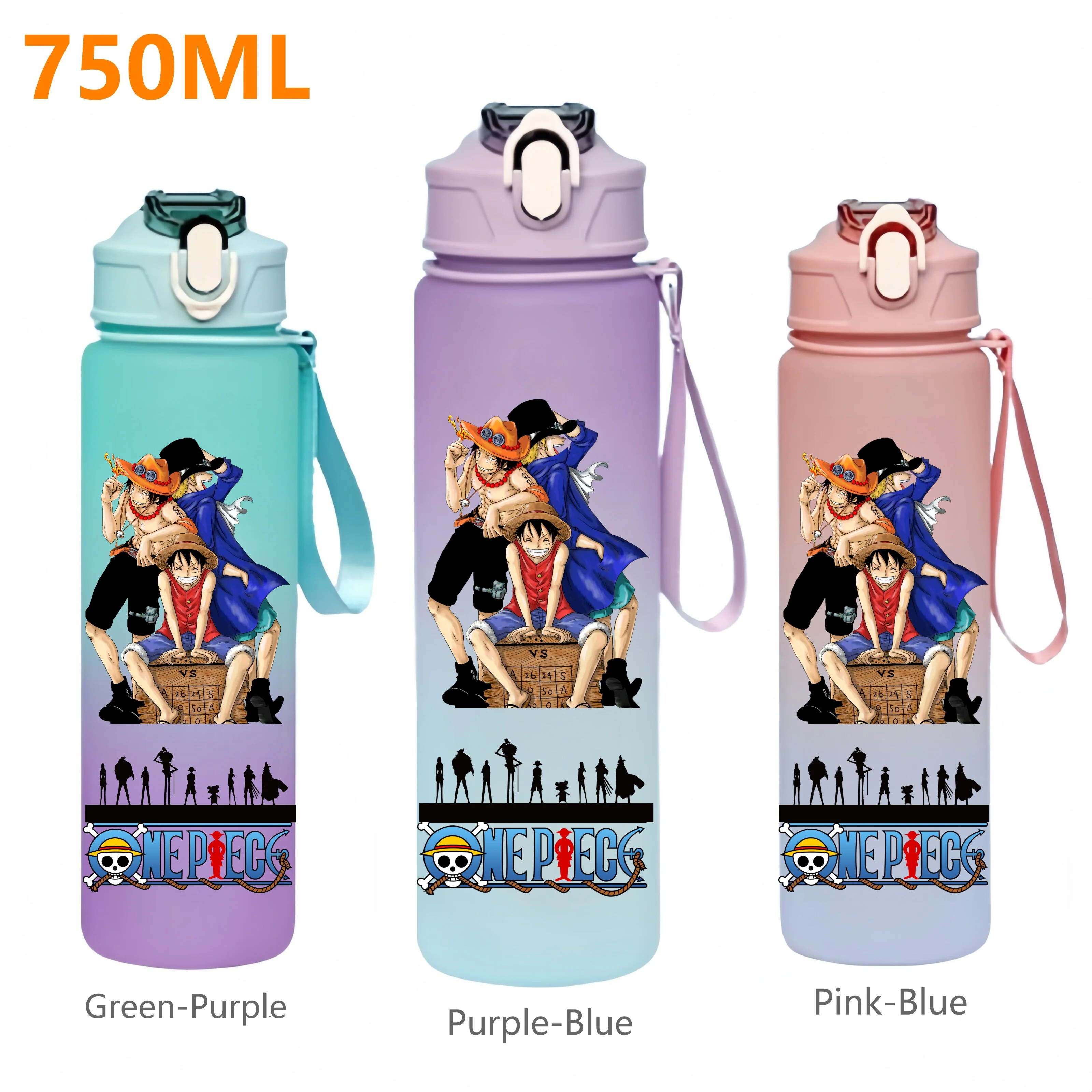 750ML ONE PIECE Monkey D. Luffy Roronoa Zoro Anime botella de agua con pajita deportes al aire libre viaje portátil gimnasio Fitness jarras