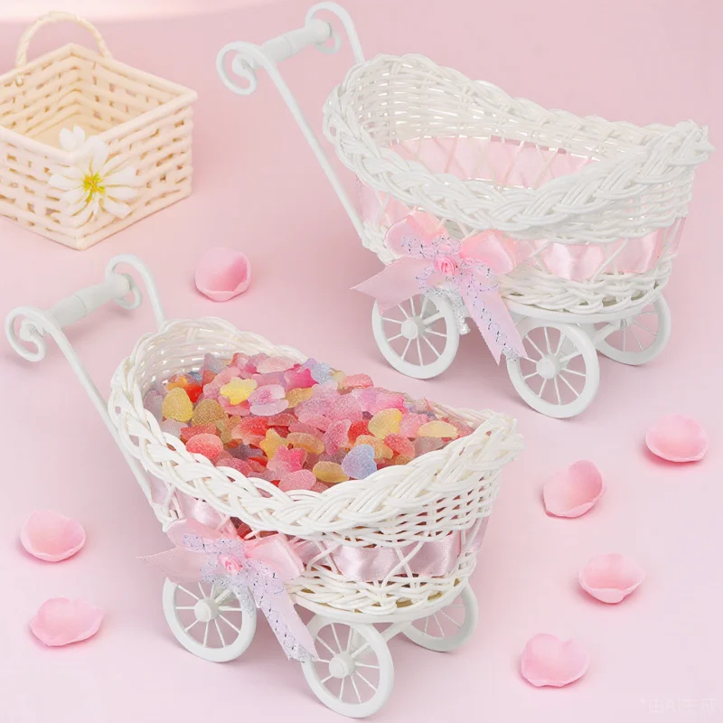 

2pcs Imitation Rattan Woven Storage Basket Cart Shape Candy Holder For Home Kitchen Snack Organizer Dried Fruit Chocolate