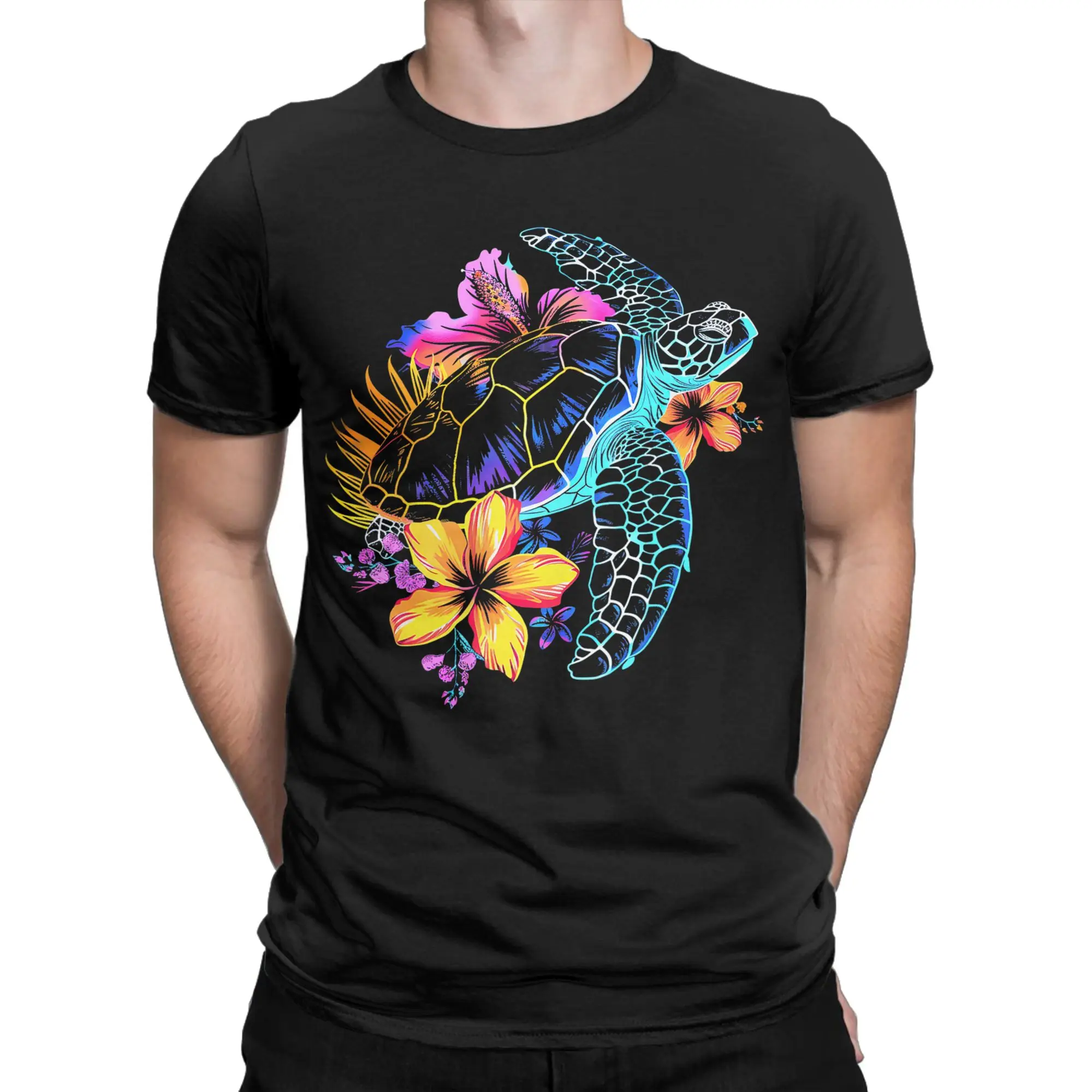 Sea Turtle Hawaiian Flowers Hawaii Scuba Diving Diver T Shirts for Men 100% Cotton T-Shirts O Neck  Tee Shirt Short Sleeve Tops