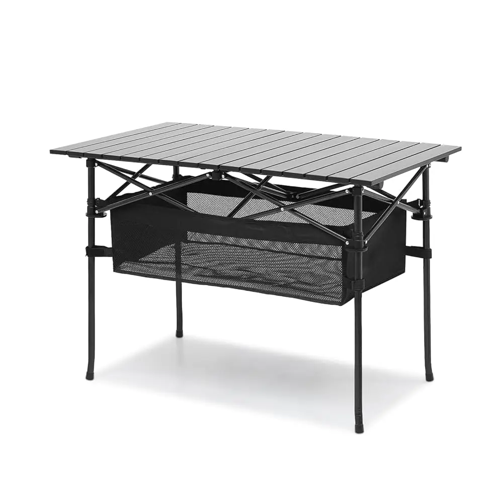 

37"" Folding Camping Table With Large Storage Basket & With Carry Bag, Aluminum Picnic Table For Indoor Outdoor Camping