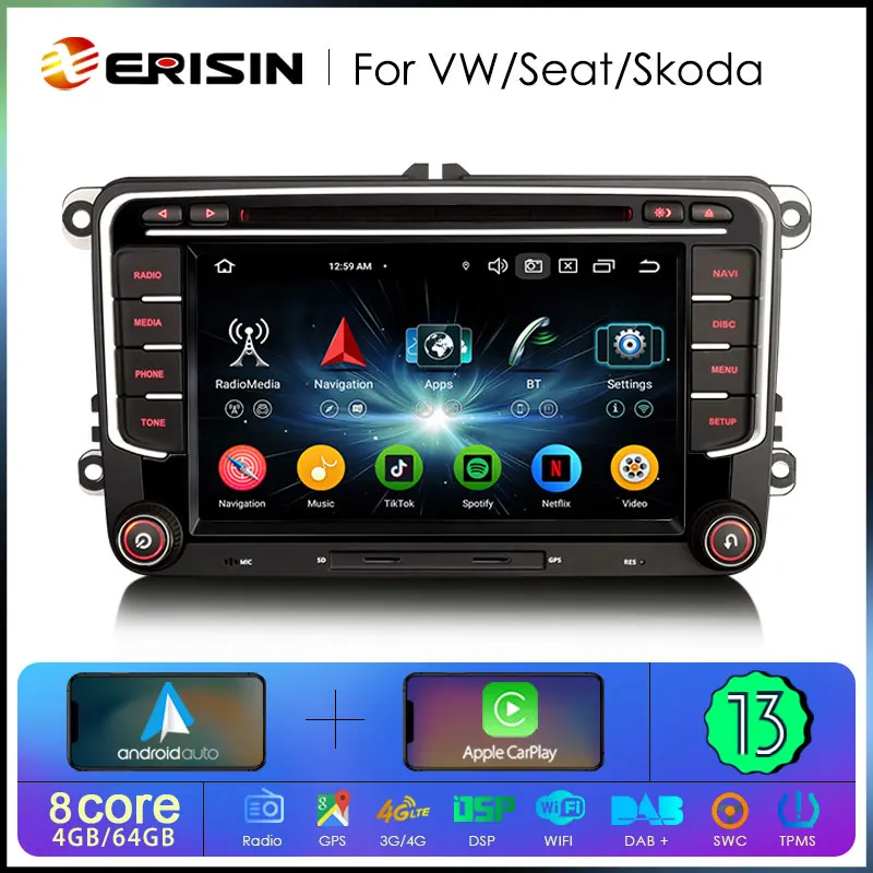 Erisin ES6735V Android 13 Car Stereo GPS For VW Sharan Tiguan Seat Altea Skoda Superb DVD Player 4G Wireless CarPlay Auto Radio