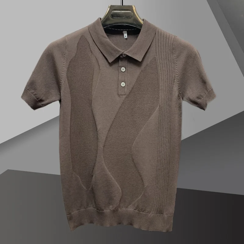 Black White Jacquard Lapel Polo Men's Knitwear Short Sleeved Bottomed Shirt Polo 2024 Summer Camisa Hombre Mannen Kleding