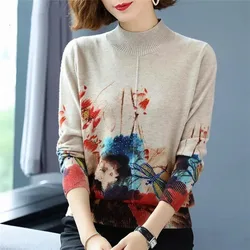 New Autumn Winter Middle-aged Women Tops Casual Half Turtleneck Cashmere Sweater Female Thick Knitted Jumper Mother Pullover