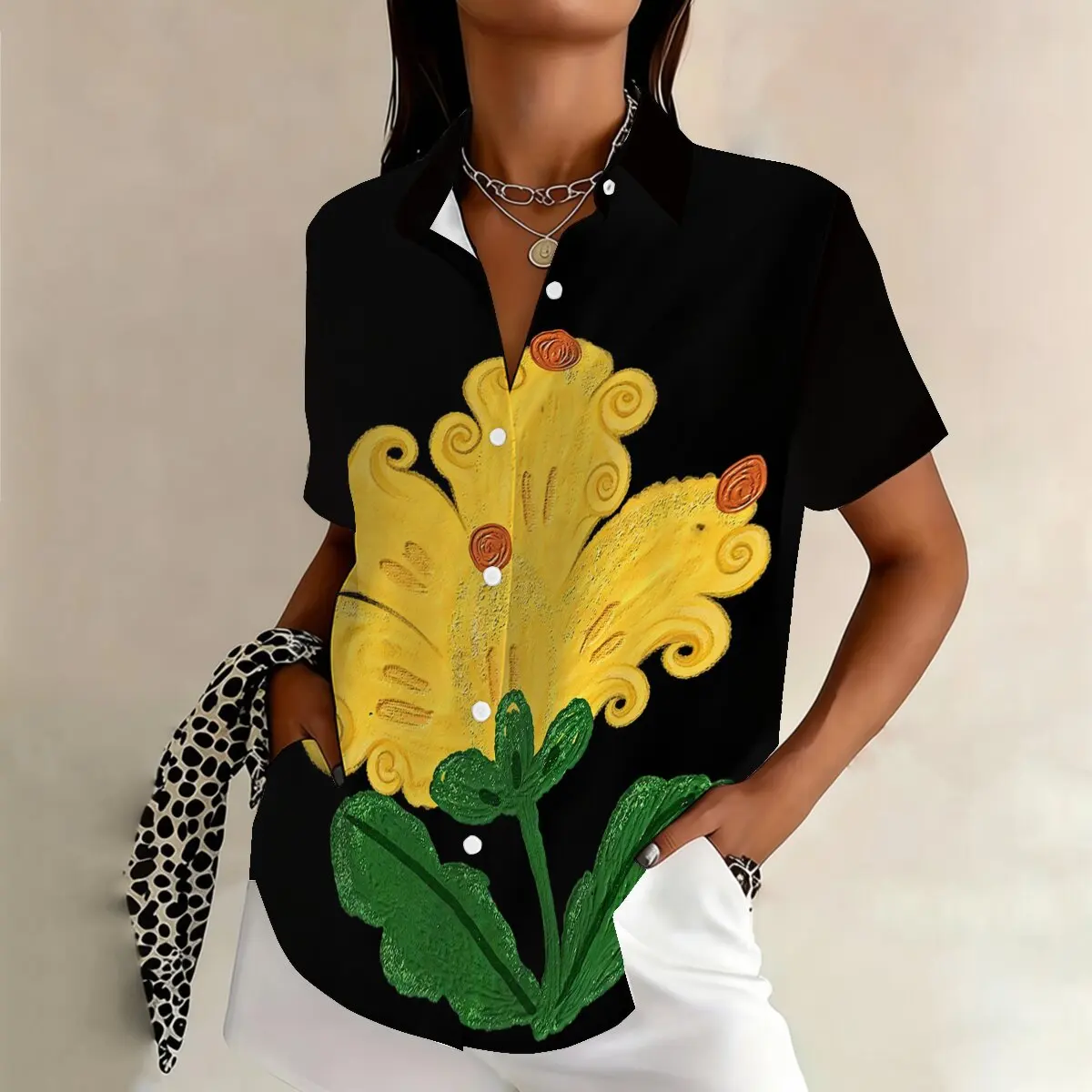 

Модная женская рубашка больших размеров с коротким рукавом, желтый цветочный принт, яркая, омолаживающая, винтажная, повседневная и стильная.