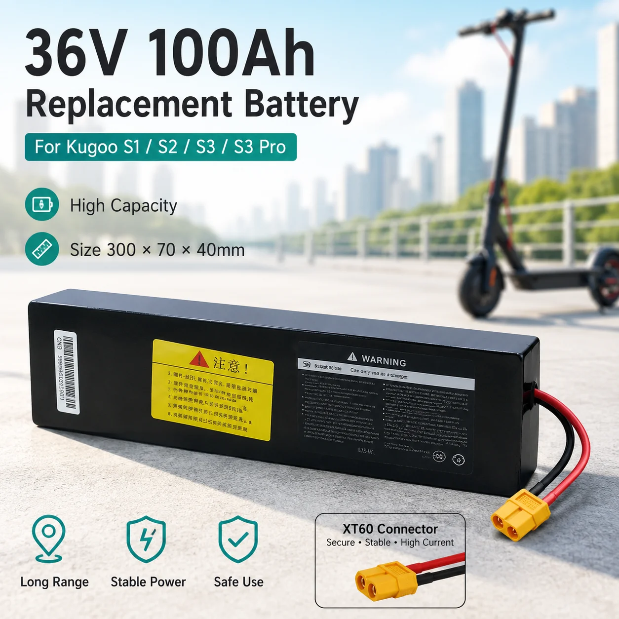 Ersatzakku 36V 100000mAh 324Wh Li-Ionen-Pack für Kugoo S1 S2 S3 Scooter, mit integriertem BMS 10S3P