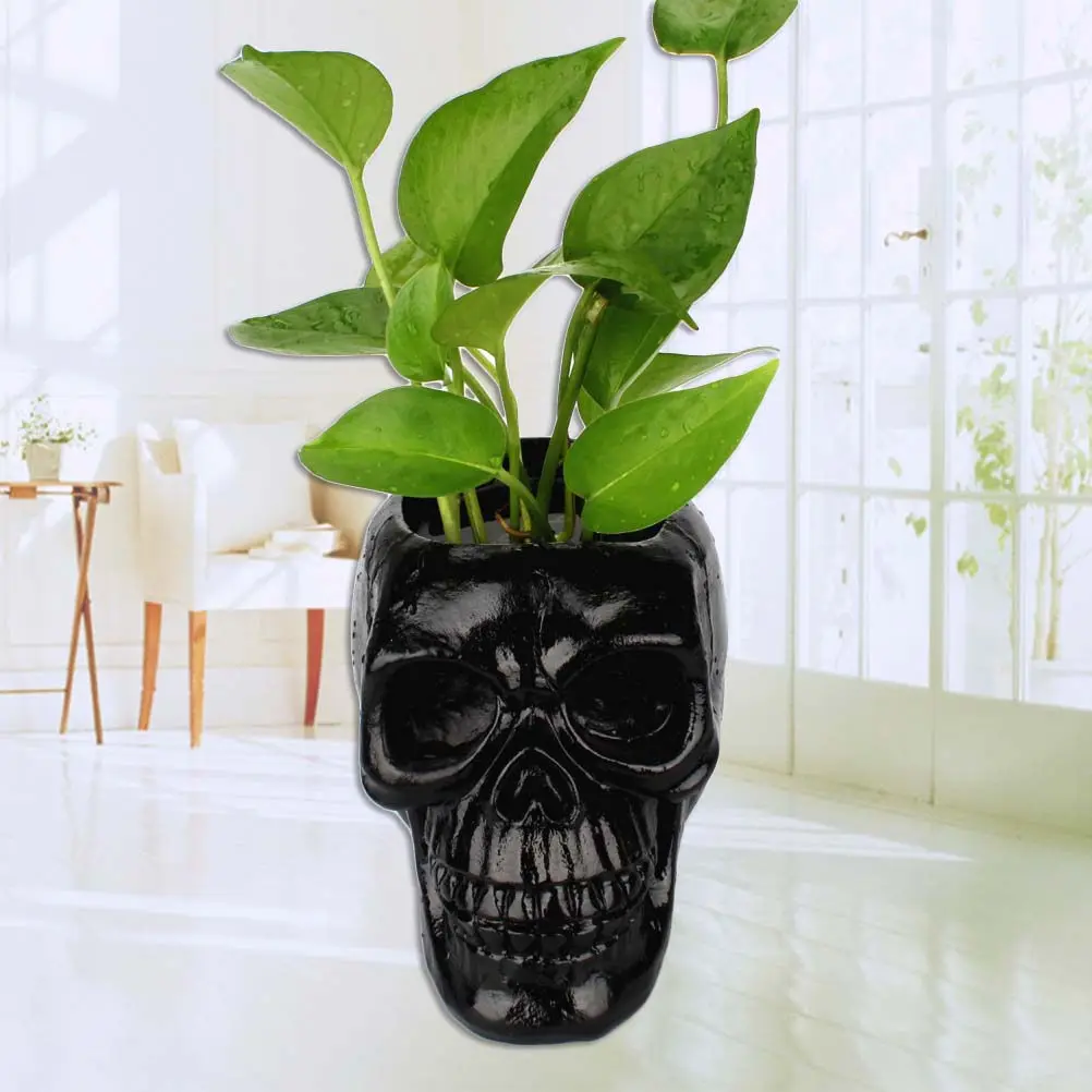Resin Skull Shape Storage Box Pen Stand Desk Decor Organizer for Pens Makeup Brushes Kitchen Utensils Green Plants Halloween