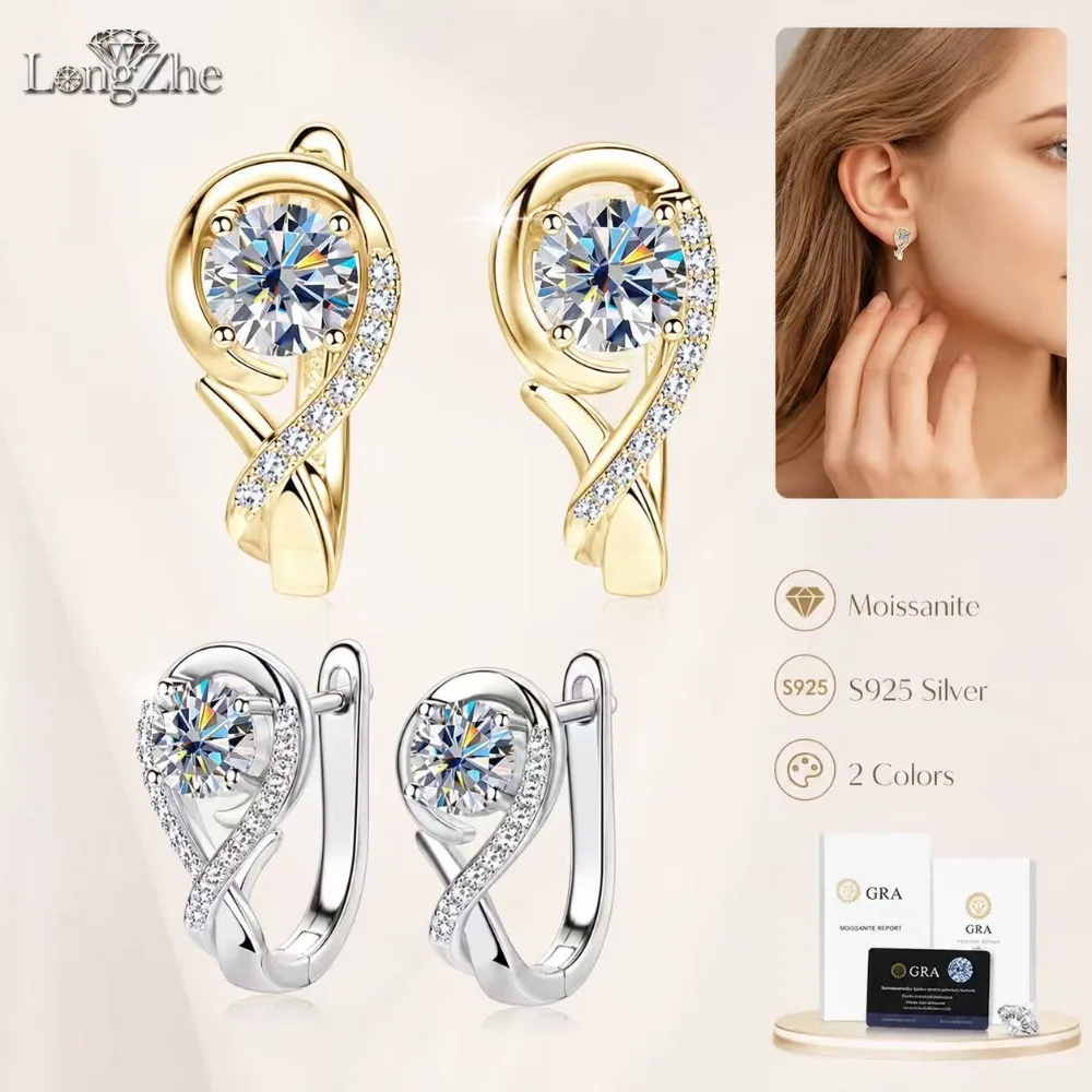 Elegantes Pendientes de Aro de Moissanita para Mujer, Plata de Ley 925, Elegantes en Oro y Blanco, Corte Redondo Clásico, Joyería de Alto Brillo para Regalo