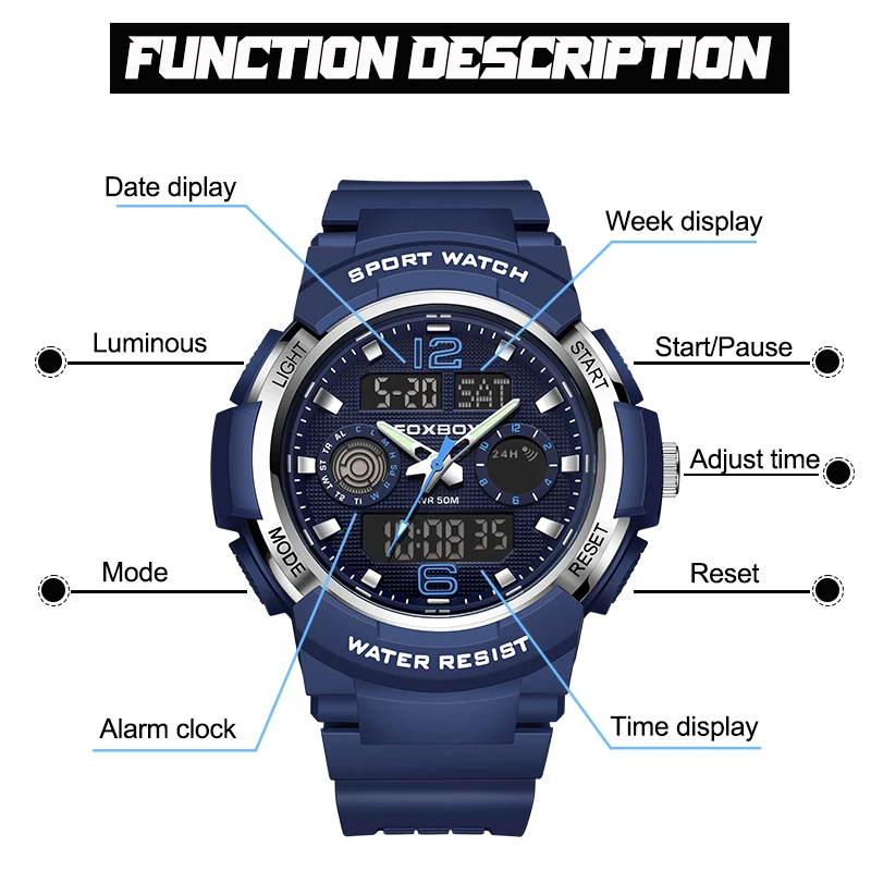 FOXBOX Fashion Casual Sports Electronic Man Watch Dual Digital Display Silicone Strap Luminous Waterproof Alarm Watches for Men