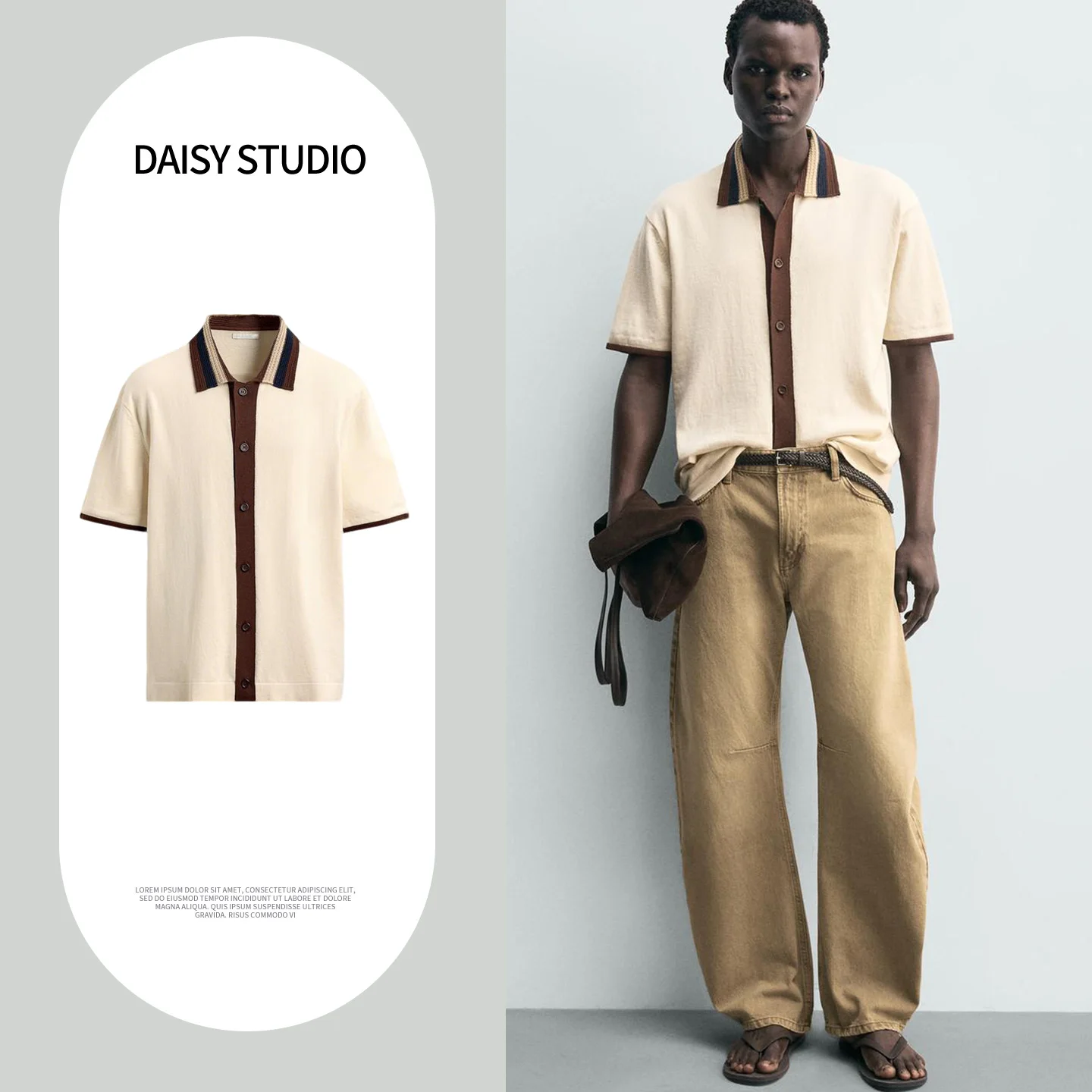 

Loose Fit Knitted Short Sleeve Shirt Men's Summer New Style Single Row Multiple Buttons Contrast Color Collar Casual Shirt