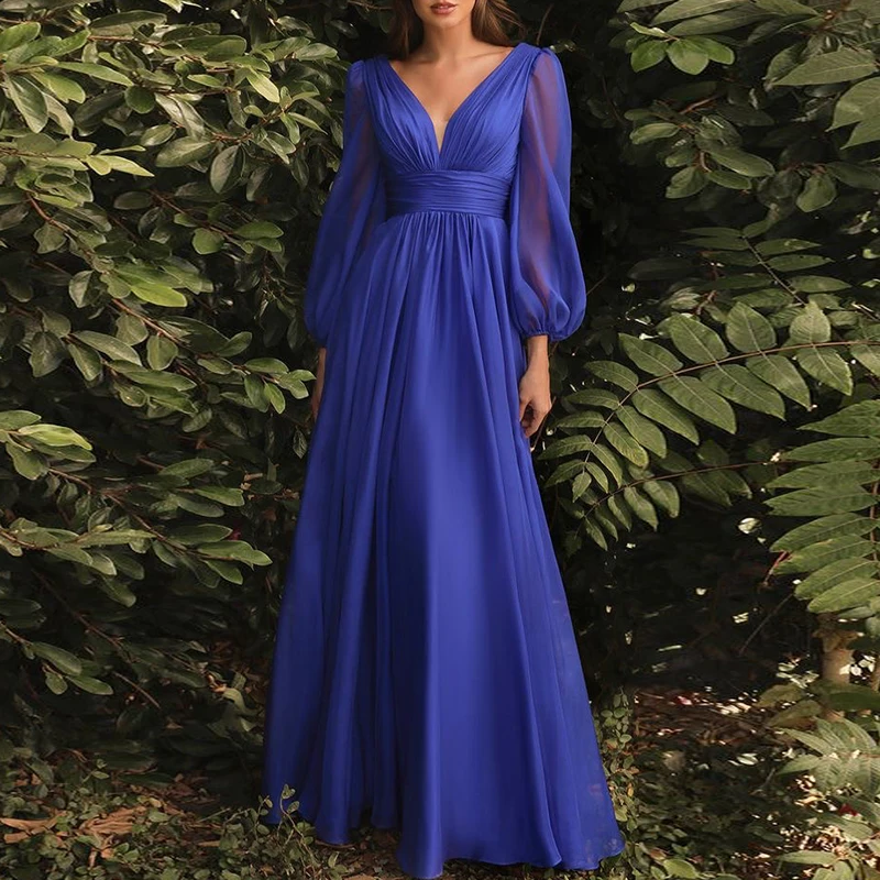 Royal Blue Evening Dress Women Elegant Backless V-neck Long Sleeves Bridal Formal Long Ball Gowns Trend Pageant Dress