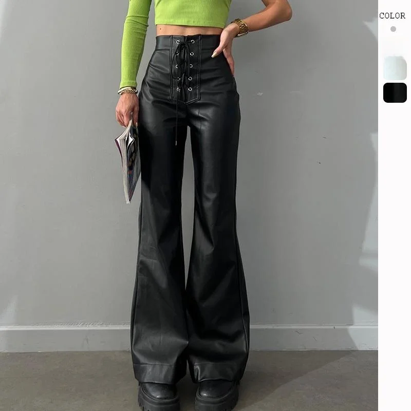 

High Waist Flared Leather Pants Women's Sexy Sle Casual Pants Polyester Fiber High Waist Flared Pants Leather Material