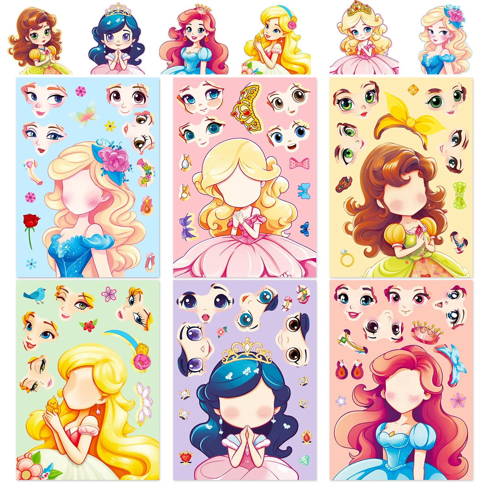 6pcs Princess Face Changing Stickers Cartoon Cute DIY Princess Make a Face Changing Stickers Children's toys