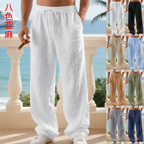 2025 Primavera Verano pantalones largos de lino transpirables para hombres estilo de vacaciones en la playa pantalones rectos deportivos casuales sueltos para hombres