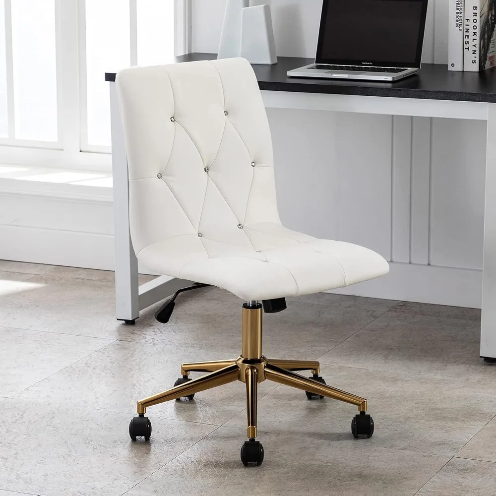 Contemporary White PU Leather Office Chair with Gold Base and Wheels