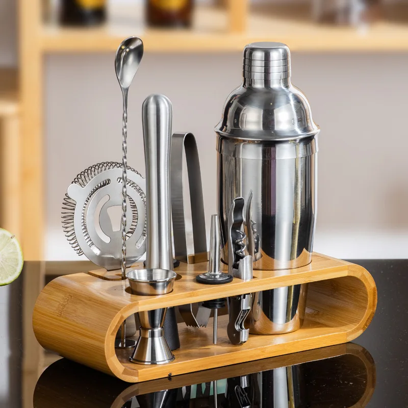

Stainless Steel Cocktail Shaker Set Strainer Masher Measuring Cup Stirring Spoon Pouring Spout Home Cocktail Shaker Set