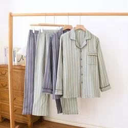 New men's sleepwear two-piece set for spring 2026 100% cotton crepe fabric vertical stripe long sleeved long pants home suit set