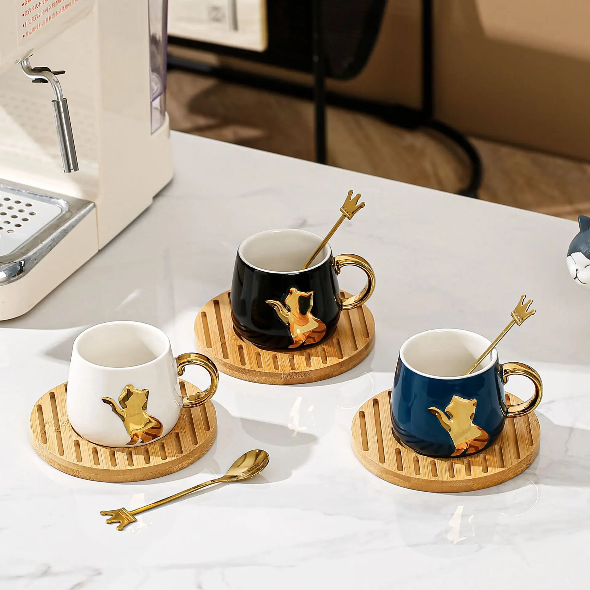 Ceramic Cute Cat Mugs With Spoon Coffee Tea Milk Animal Cups With Handle 400ml Drinkware Nice Gifts