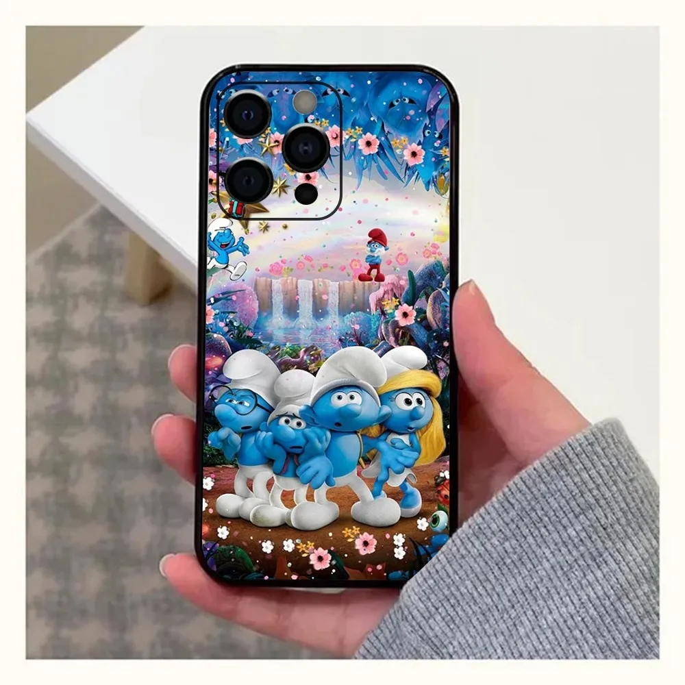 Anime Cartoon S-Smurfs Phone Case For Apple iPhone 15,14,13,12,11,Pro,X,XS,Max,XR,Plus,Mini Soft Black Cover